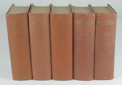 Wisden Cricketers’ Almanack 1951 to 1955. Original hardback editions. All editions with some faults and all editions with some wear to boards and dulling or dulled gilt titles to spine and boards. The 1951 edition with broken front and rear internal hinge