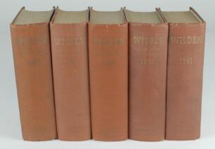 Wisden Cricketers’ Almanack 1951 to 1955. Original hardback editions. All editions with some faults and all editions with some wear to boards and dulling or dulled gilt titles to spine and boards. The 1951 edition with broken front and rear internal hinge