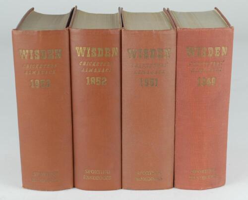 Wisden Cricketers’ Almanack 1949, 1951, 1952 and 1953. Original hardback editions. Some dulling to the gilt titles on the spine papers of all editions, the gilt titles to the front boards generally good, some bowing to the 1949 edition with wear to front 