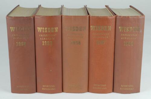 Wisden Cricketers’ Almanack 1956, 1957, 1958, 1959 and 1960. Original hardback editions. All of the editions with dulled gilt titles to spine and to a lesser extent the front boards with the exception of the 1959 edition which is in good/very good conditi