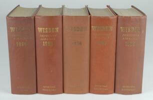 Wisden Cricketers’ Almanack 1956, 1957, 1958, 1959 and 1960. Original hardback editions. All of the editions with dulled gilt titles to spine and to a lesser extent the front boards with the exception of the 1959 edition which is in good/very good conditi