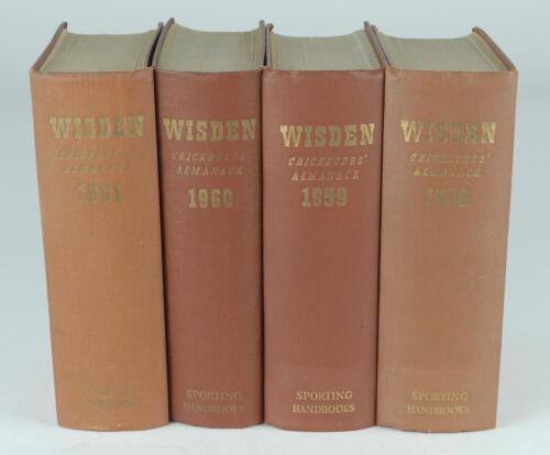 Wisden Cricketers’ Almanack 1958, 1959, 1960 and 1961. Original hardback editions. Some dulling to the gilt titles on the spine papers of the first two editions, the gilt titles to the front boards very good, the 1958 edition ex-libris with marks to front