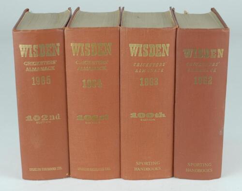 Wisden Cricketers’ Almanack 1962, 1963, 1964 and 1965. Original hardback editions. The 1962 edition ex-libris with odd bump to front board extremities and fault to trimming of the top edge of the pages, the 1963 edition with some wear and bumping to spine