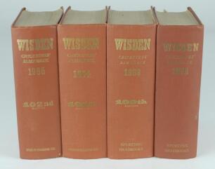 Wisden Cricketers’ Almanack 1962, 1963, 1964 and 1965. Original hardback editions. The 1962 edition ex-libris with odd bump to front board extremities and fault to trimming of the top edge of the pages, the 1963 edition with some wear and bumping to spine