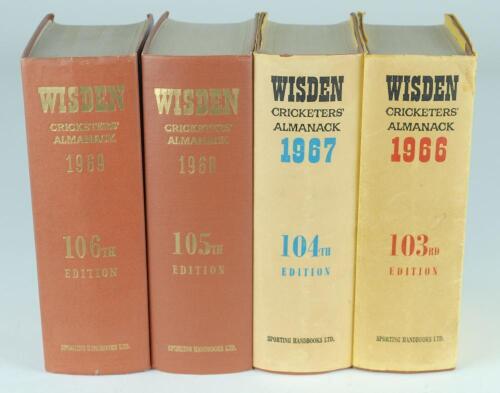 Wisden Cricketers’ Almanack 1966, 1967, 1968 and 1969. Original hardback editions, the first two with dustwrappers, the last two lacking dustwrappers. some wear and minor faults to the dustwrappers, the 1969 edition ex-libris with minor faults otherwise i