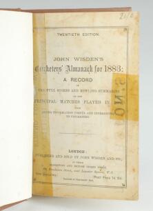 Wisden Cricketers’ Almanack 1883. 20th edition. Bound in brown boards, lacking original paper wrappers, with gilt titles to spine. Old tape repairs to title page and two advertising pages to rear, soiling to ‘contents’ page, lacking first and last adverti