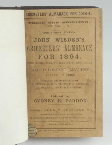 Wisden Cricketers’ Almanack 1894. 31st edition. Bound in dark brown boards, with original paper wrappers, with title and date in gilt to spine, beautifully marbled page block edge. Minor wear, darkening and soiling to wrappers otherwise in good/very good