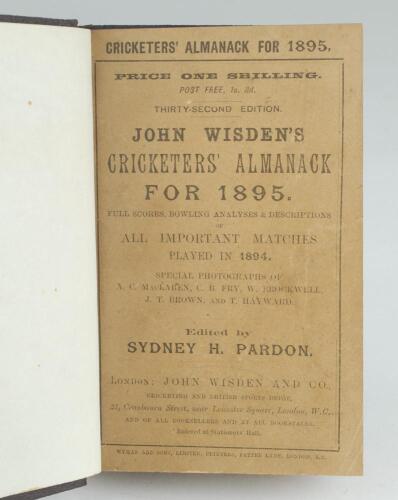 Wisden Cricketers’ Almanack 1895. 32nd edition. Bound in dark brown boards, with original paper wrappers, with title and date in gilt to spine, beautifully marbled page block edge. Very good condition