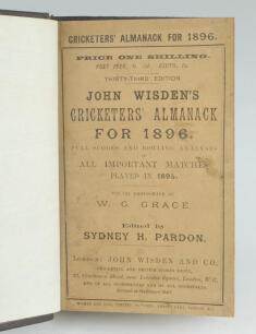 Wisden Cricketers’ Almanack 1896. 33rd edition. Bound in dark brown boards, with original paper wrappers, with title and date in gilt to spine, beautifully marbled page block edge. Minor soiling to wrappers otherwise in very good