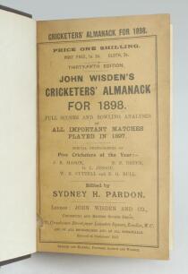 Wisden Cricketers’ Almanack 1898. 35th edition. Bound in dark brown boards, with original paper wrappers, title and date in gilt to spine, beautifully marbled page block edge. Very good condition