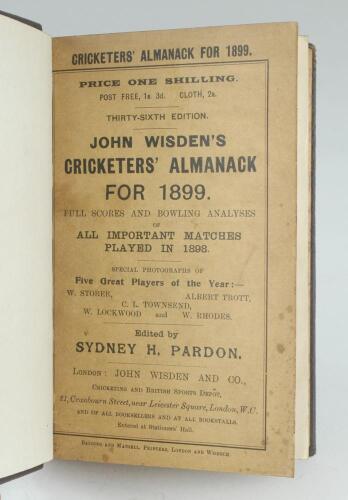 Wisden Cricketers’ Almanack 1899. 36th edition. Bound in dark brown boards, with original paper wrappers, title and date in gilt to spine, beautifully marbled page block edge. Very minor marks to front wrapper otherwise in very good condition