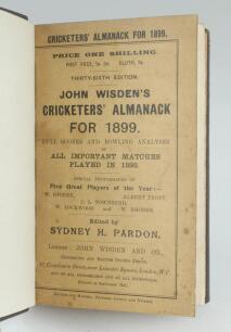 Wisden Cricketers’ Almanack 1899. 36th edition. Bound in dark brown boards, with original paper wrappers, title and date in gilt to spine, beautifully marbled page block edge. Very minor marks to front wrapper otherwise in very good condition