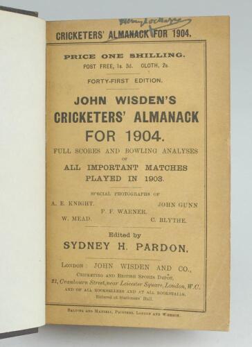 Wisden Cricketers’ Almanack 1904. 41st edition. Bound in dark brown boards, with original paper wrappers, title and date in gilt to spine, beautifully marbled page block edge. Handwritten signature of ownership to top border of the title page otherwise in