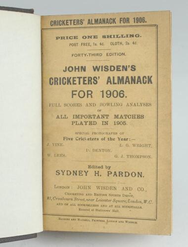 Wisden Cricketers’ Almanack 1906. 43rd edition. Bound in dark brown boards, with original paper wrappers, title and date in gilt to spine, beautifully marbled page block edge. Very good condition