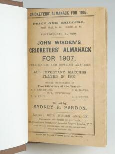 Wisden Cricketers’ Almanack 1907. 44th edition. Bound in brown boards, with original wrappers, gilt titles to spine. Very minor age toning to wrapper edges otherwise in good/very good condition