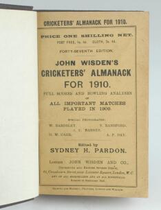 Wisden Cricketers’ Almanack 1910. 47th edition. Bound in dark brown boards, with original paper wrappers, title and date in gilt to spine, beautifully marbled page block edge. Very good condition