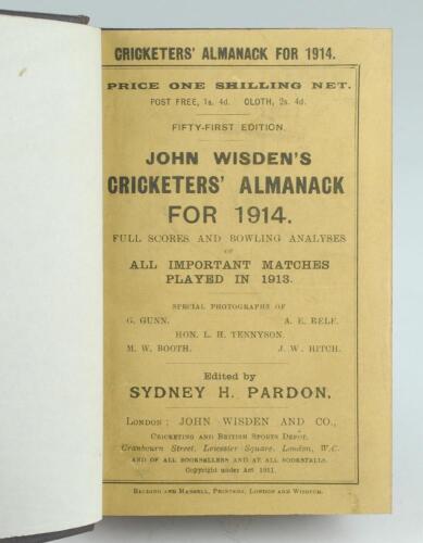 Wisden Cricketers’ Almanack 1914. 51st edition. Bound in dark brown boards, with original paper wrappers, title and date in gilt to spine, beautifully marbled page block edge. Very good condition