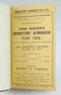 Wisden Cricketers’ Almanack 1915. 52nd edition. Bound in dark brown boards, with original paper wrappers, title and date in gilt to spine, beautifully marbled page block edge. Very good condition