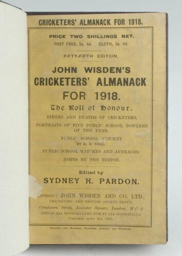 Wisden Cricketers’ Almanack 1918. 55th edition. Bound in dark brown boards, with original paper wrappers, title and date in gilt to spine, beautifully marbled page block edge. Some soiling to both wrappers, slight damage to edge of the front wrapper other