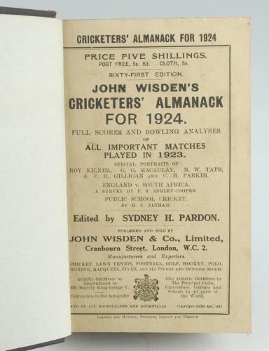 Wisden Cricketers’ Almanack 1924. 61st edition. Bound in dark brown boards, with original paper wrappers, title and date in gilt to spine, beautifully marbled page block edge. Very good condition