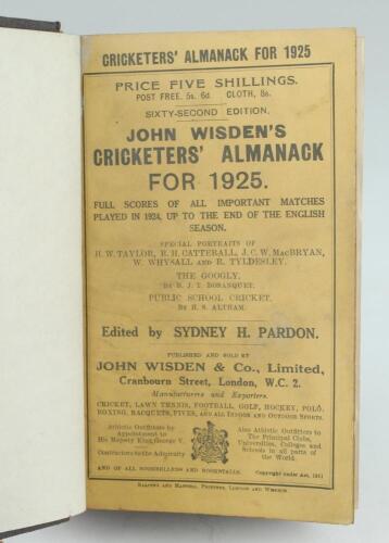 Wisden Cricketers’ Almanack 1925. 62nd edition. Bound in dark brown boards, with original paper wrappers, title and date in gilt to spine, beautifully marbled page block edge. Light soiling to wrappers otherwise in very good condition