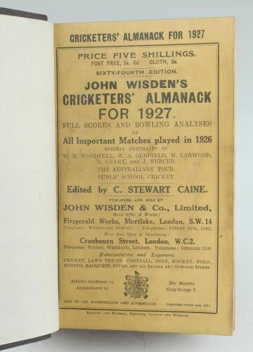 Wisden Cricketers’ Almanack 1927. 64th edition. Bound in dark brown boards, with original paper wrappers, title and date in gilt to spine, beautifully marbled page block edge. Very minor soiling to wrappers otherwise in very good condition