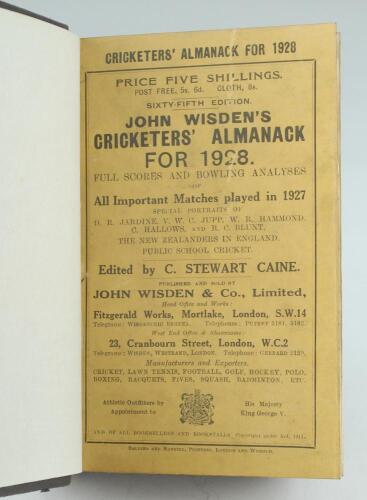 Wisden Cricketers’ Almanack 1928. 65th edition. Bound in dark brown boards, with original paper wrappers, title and date in gilt to spine, beautifully marbled page block edge. Very minor faults to wrappers otherwise in very good condition