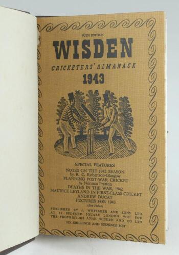 Wisden Cricketers’ Almanack 1943. 80th edition. Only 5600 paper copies printed in this war year. Bound in dark brown boards, with original paper wrappers, title and date in gilt to spine, beautifully marbled page block edge. Very good condition. Rare war