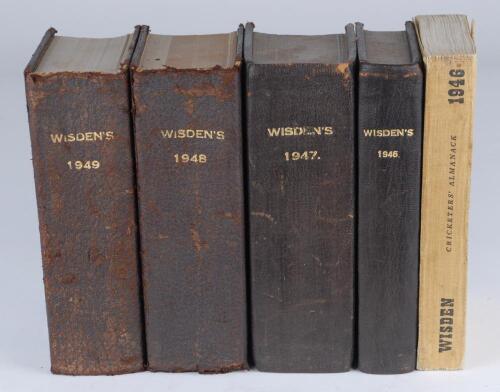 Wisden Cricketers’ Almanack 1946 to 1949. All four editions bound in dark brown boards, with original cloth covers, title and date in gilt to spine, beautifully marbled page block edge of the 1946 and 1947 editions. Some faults to the covers of the 1947 a