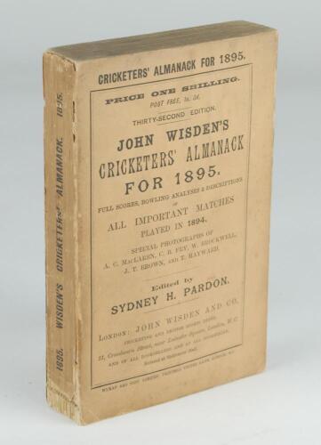 Wisden Cricketers’ Almanack 1895. 32nd edition. Original wrappers. Some wear and loss to spine paper, minor wear to front internal hinge, some spotting to page block otherwise in good/very good condition