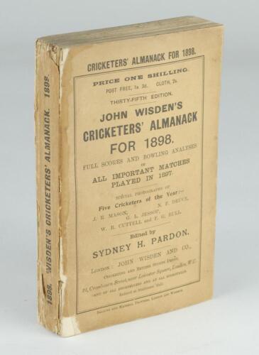 Wisden Cricketers’ Almanack 1898. 35th edition. Original wrappers. Rear wrapper cleanly detached, some wear and loss to wrapper extremities and spine otherwise in good condition