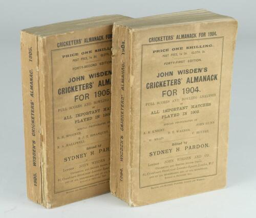 Wisden Cricketers’ Almanack 1904 and 1905. 41st & 42nd editions. Original paper wrappers. The 1904 edition lacking rear wrapper, some breaking to page block, front wrapper and spine a little age toned, small loss to the spine paper otherwise in good condi