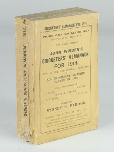 Wisden Cricketers’ Almanack 1914. 51st edition. Original wrappers. Breaking to the spine block, the book almost split into two halves, wear with some wear and loss to spine paper otherwise in good condition