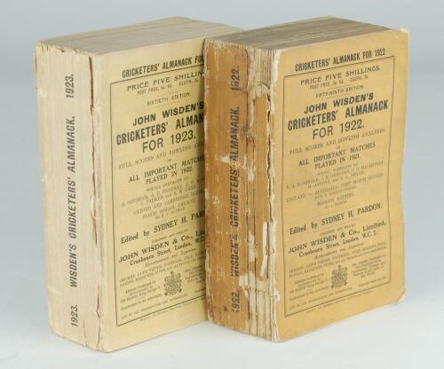 Wisden Cricketers’ Almanack 1922 and 1923. 59th & 60th editions. Original paper wrappers. Both editions with some breaking to page block, some wear and loss to spine paper, slight bowing and slight discolouration to wrappers of both books otherwise in goo