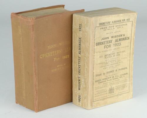 Wisden Cricketers’ Almanack 1922 and 1923. 59th & 60th editions. Original paper wrappers. The 1922 edition with bound in brown board with original front wrapper and replica rear wrapper, the 1923 edition with replacement spine, wear to wrappers, old tape 