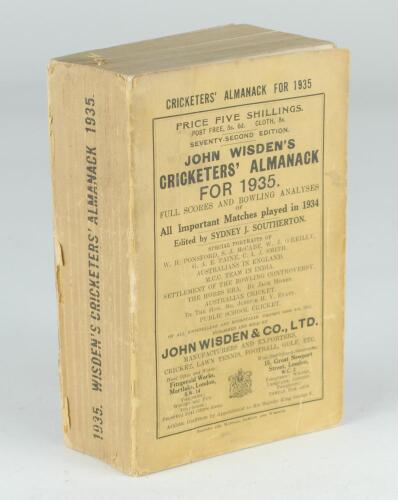 Wisden Cricketers’ Almanack 1935. 72nd edition. Original paper wrappers. Some minor soiling and wear to wrappers, some wear to spine with minor loss, nick to edge of rear wrapper otherwise in generally good/very good condition