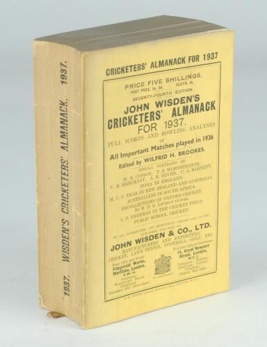 Wisden Cricketers’ Almanack 1937. 74th edition. Original paper wrappers. Some bowing to spine, very light soiling to wrappers otherwise in good/very good condition