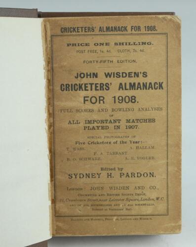 Wisden Cricketers’ Almanack 1908. 45th edition. Bound in dark brown boards, with original wrappers, gilt titles to spine. Some wear and darkening to wrappers otherwise in good condition