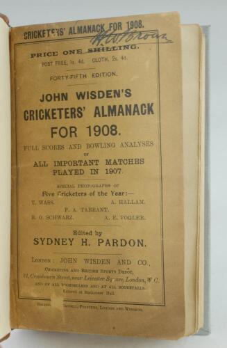 Wisden Cricketers’ Almanack 1908. 45th edition. Bound in quarter leather binding, with original paper wrappers, gilt titles to spine. Some wear and darkening to the wrappers, some minor surface loss to the wrappers, handwritten name of ownership to the to