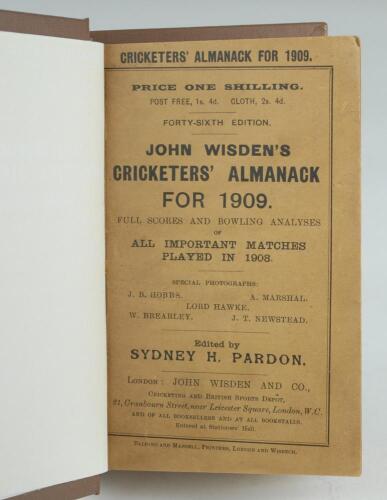 Wisden Cricketers’ Almanack 1909. 46th edition. Bound in brown boards, with original wrappers, gilt titles to spine. Good/very good condition. Sold with a similar 1910 edition bound in dark brown boards, with original wrappers, gilt titles to spine. Some 