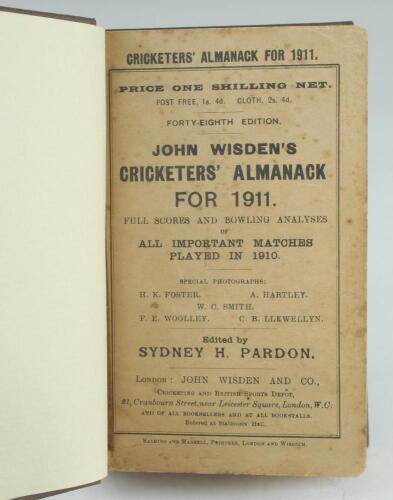 Wisden Cricketers’ Almanack 1911. 48th edition. Bound in brown boards, with original paper wrappers, gilt titles to front board and spine. Some foxing to front wrapper, odd spot to the rear wrapper, wear and slight damage to page 415/416 otherwise in goo