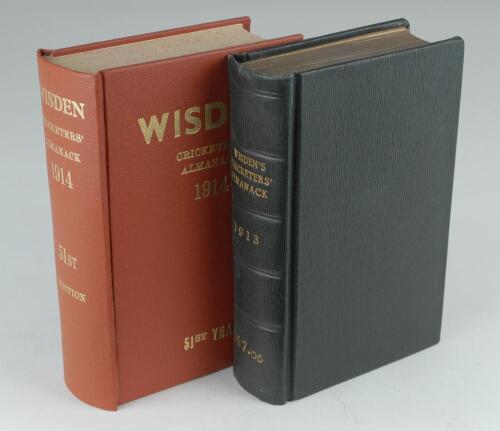 Wisden Cricketers’ Almanack 1913 and 1914. 50th & 51st editions. The 1913 edition bound in black leather boards, with original wrappers, gilt titles to spine. Ex Huddersfield Library. Trimming a little tight in odd places, minor wear and slight soiling to