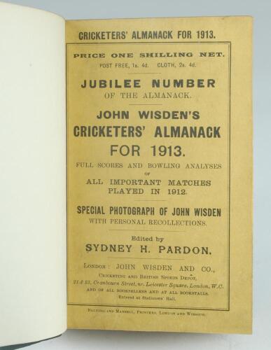 Wisden Cricketers’ Almanack 1913. 50th edition. Bound in half leather boards, original paper wrappers, with raised bands and gilt titles to spine. Good/very good condition