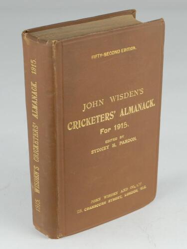 Wisden Cricketers’ Almanack 1915. 52nd edition. Bound in brown boards, lacking original wrappers, with boards, gilt titles almost identical in typeface and positioning as an original hardback edition. Pages checked, complete. Some slight bumping to corner