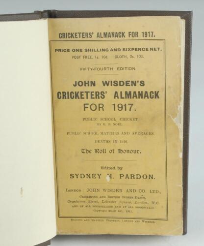 Wisden Cricketers’ Almanack 1917. 54th edition. Bound in brown boards, original paper wrappers, titles in gilt to spine. This edition formerly owned by writer Gerald Brodribb with his name in gilt to the bottom right hand corner of the front board and sig