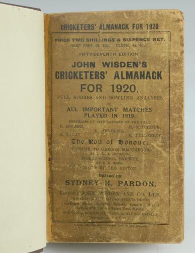 Wisden Cricketers’ Almanack 1920 and 1921. 57th & 58th editions. Both bound in brown boards, with original paper wrappers, title and date in gilt to spine. The 1920 with soiled and worn wrappers, the 1921 edition with soiled and worn wrappers with some te