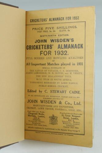 Wisden Cricketers’ Almanack 1932. 69th edition. Bound in brown boards, with original paper wrappers, titles in gilt to spine. Good/very good condition