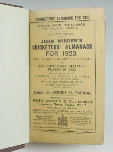 Wisden Cricketers’ Almanack 1923 and 1924. 60th & 61st editions. The 1923 edition bound in brown boards, with original paper wrappers, gilt titles to spine. Good+ condition. The 1924 edition bound in brown boards, with original paper wrappers, gilt titles