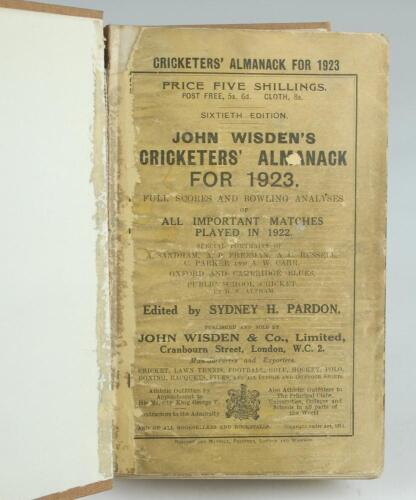 Wisden Cricketers’ Almanack 1923, 1924 and 1925. 60th, 61st & 62nd editions. All three bound in brown boards, with original paper wrappers, title and date in gilt to spine. The 1923 edition with soiled and worn front wrapper, lacking the rear, the 1924 ed