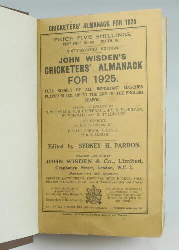 Wisden Cricketers’ Almanack 1925 and 1928. 62nd & 65th editions. The 1925 edition bound in brown boards, with original paper wrappers, gilt titles to spine and in good condition. The 1928 edition bound in dark brown boards, with original paper wrappers, g